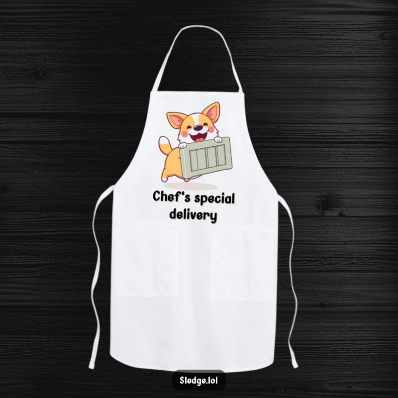 Funny Dog Apron, a happy dog excitedly pushing a large crate, ready to assist with any kitchen task.