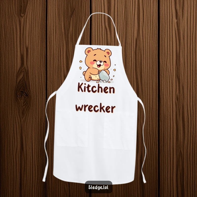 Funny Bear Apron: A playful bear humorously smashes a small object, ideal for funny, fun-loving kitchen wear.