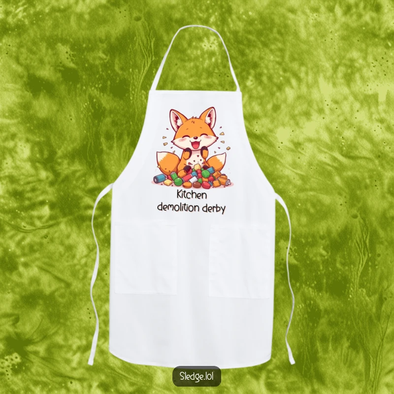 Funny Fox Apron, a playful fox joyfully smashing small objects, ready to add fun to any meal prep.