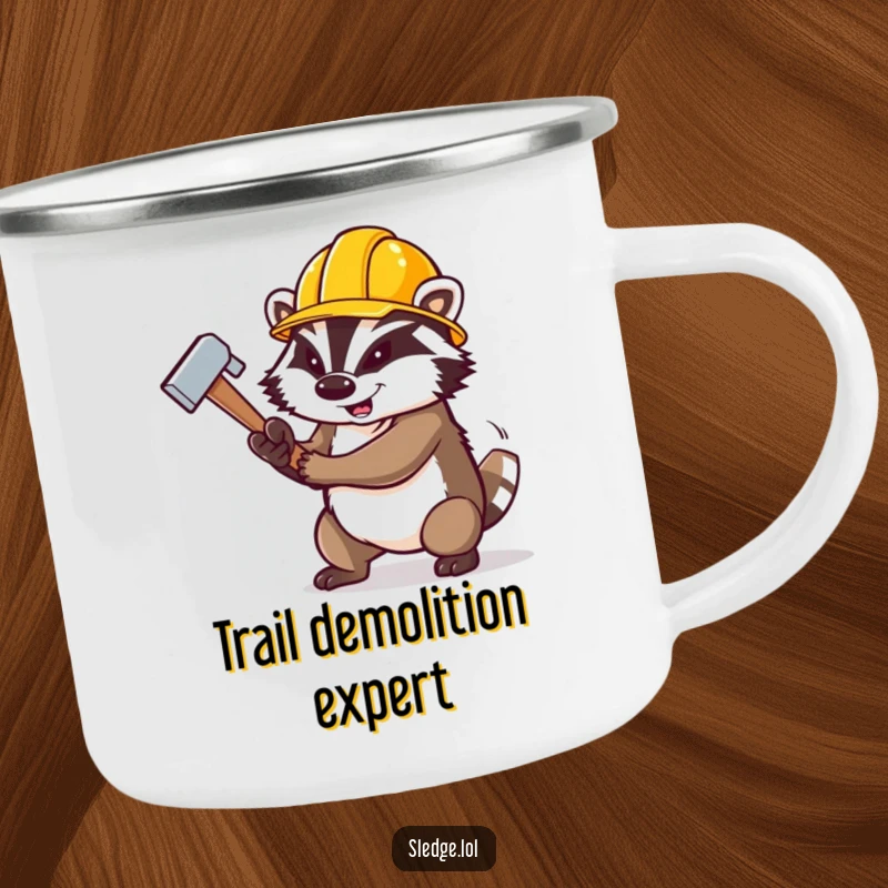 Funny Badger Camping Mug, a determined badger in a construction hat, swinging a large sledgehammer, ready for outdoor tasks.