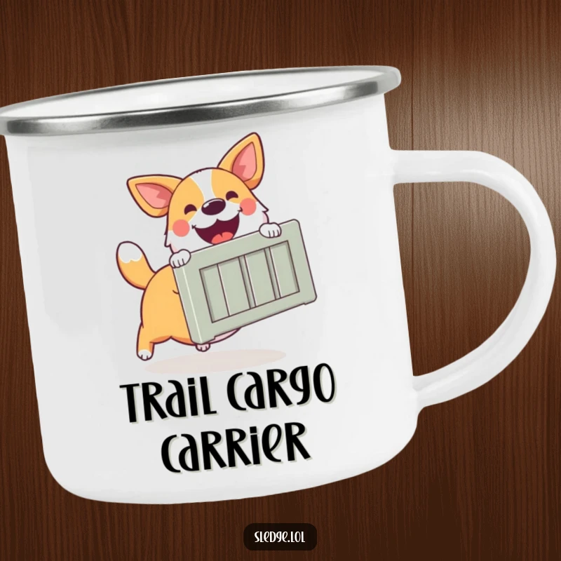Funny Dog Camping Mug, a happy dog excitedly pushing a large crate, ready for outdoor adventures and tasks.