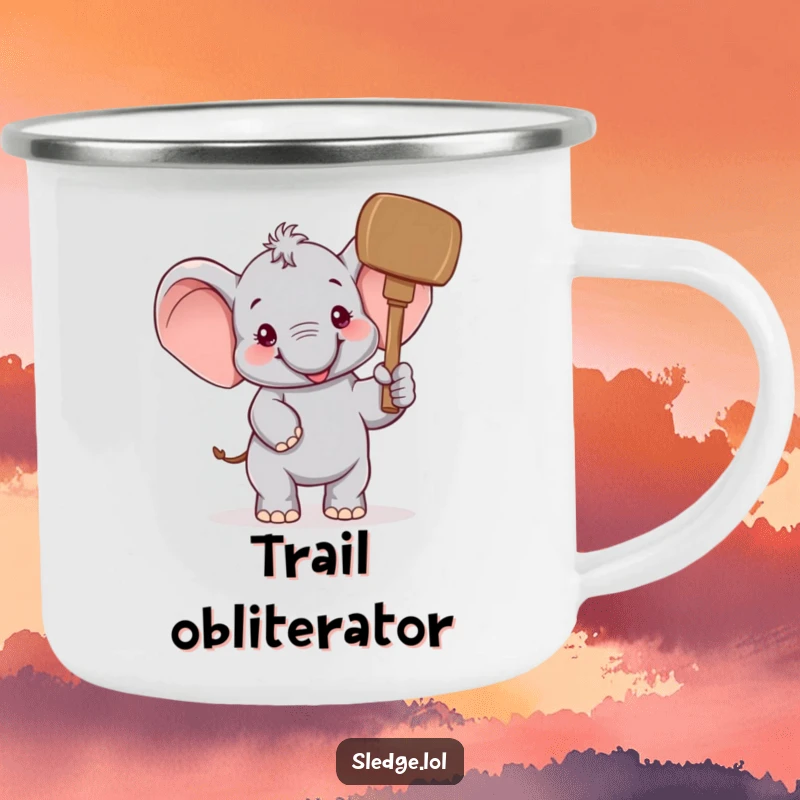 Funny Elephant Camping Mug: A cheerful elephant comically raises a giant mallet, perfect for funny, joyous outdoor excursions.