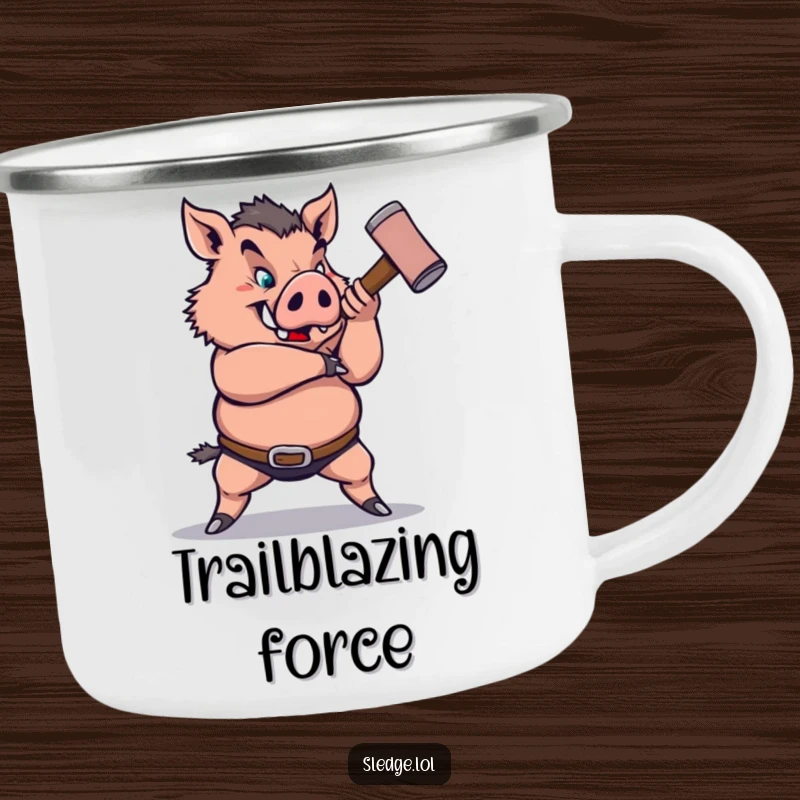 Funny Boar Camping Mug: A strong boar humorously swings a sledgehammer, perfect for funny, hard-hitting outdoor excursions.