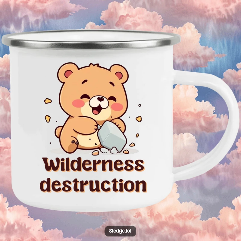 Funny Bear Camping Mug: A playful bear comically smashes a small object, perfect for funny, energetic outdoor excursions.