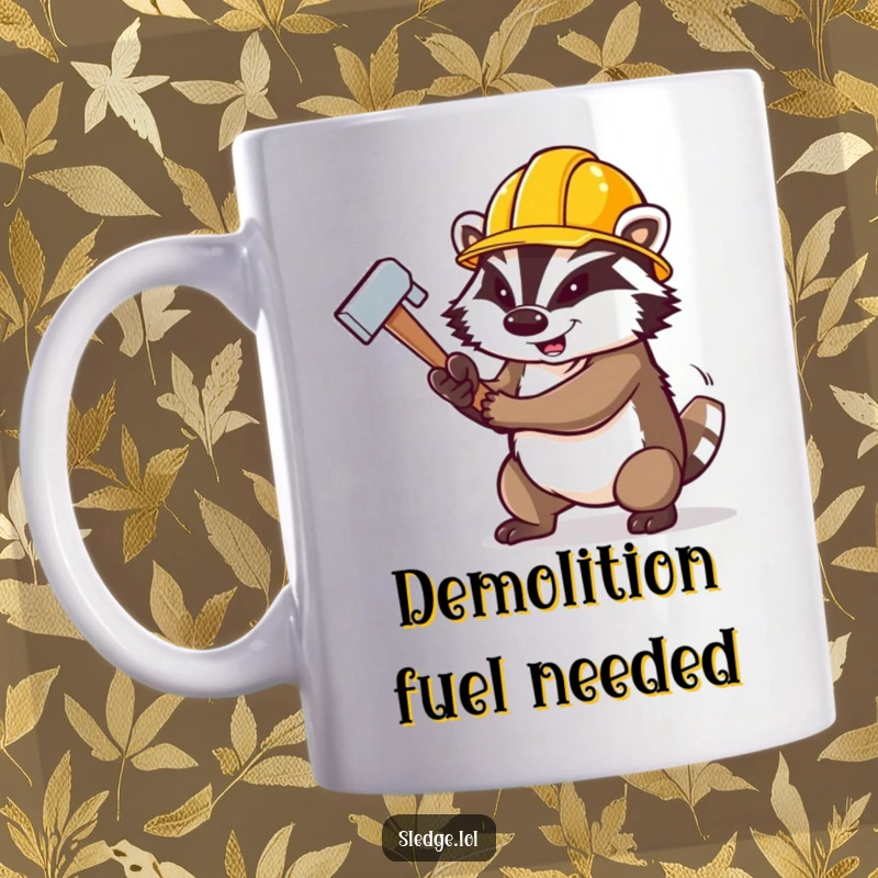 Funny Badger Mug, a determined badger in a construction hat, swinging a large sledgehammer with focused intensity and humor.