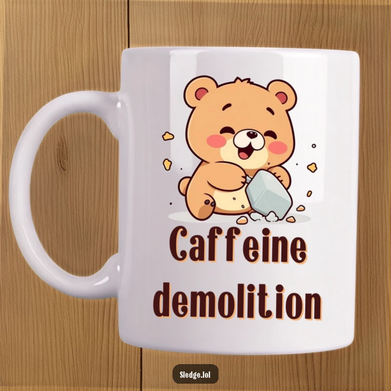 Funny Bear Mug: A playful bear is humorously shown smashing a small object, depicting funny, uninhibited joy and destruction.