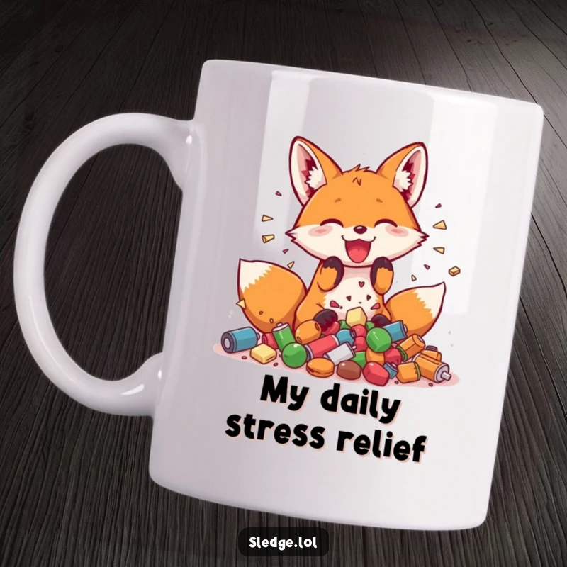 Funny Fox Mug, a playful fox joyfully smashing a pile of small objects with a mischievous grin and chaotic glee.