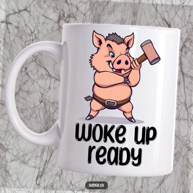 Funny Boar Mug: A strong boar aggressively swings a small sledgehammer, depicting a funny, determined effort to tackle any task.