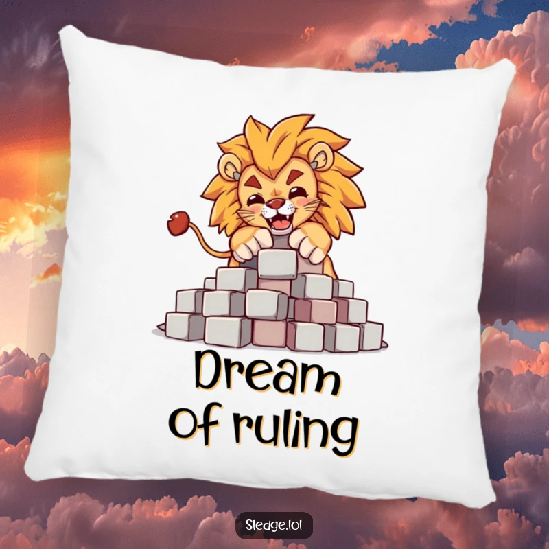 Funny Lion Pillow: A powerful lion comically knocks over blocks, offering a funny, plush accent for delightful and humorous home decor.