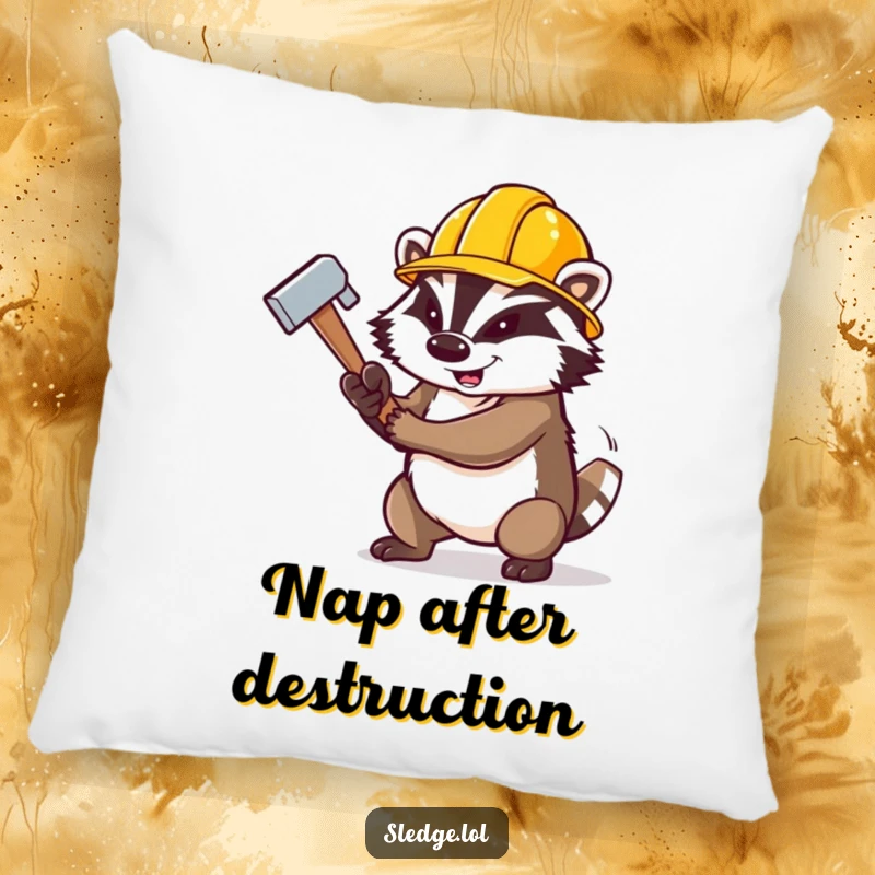 Funny Badger Pillow, a determined badger wearing a construction hat, swinging a large sledgehammer, offering comfort and humor.