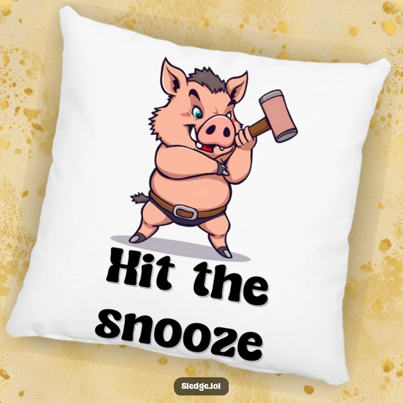 Funny Boar Pillow: A strong boar humorously swings a sledgehammer, providing a funny, comforting accent for any space.