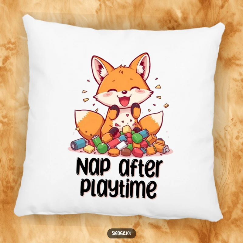 Funny Fox Pillow, a playful fox joyfully smashing small objects, bringing comfort and cheerful energy.