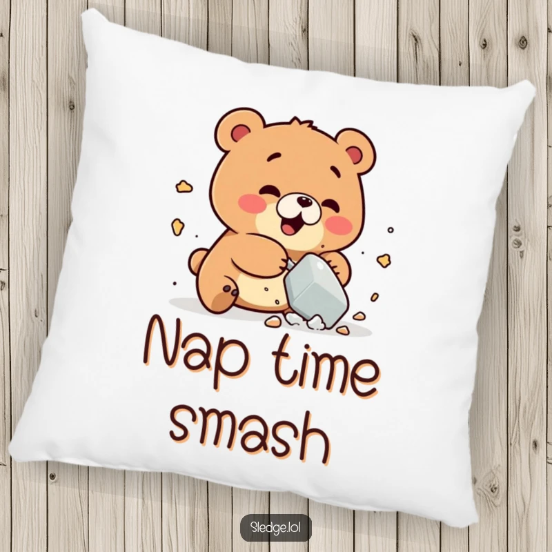 Funny Bear Pillow: A playful bear comically smashes a small object, offering a funny, plush accent for delightful and humorous home decor.