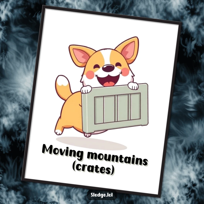 Funny Dog Digital Art Print, a happy dog excitedly pushing a large crate, conveying eagerness and helpfulness.