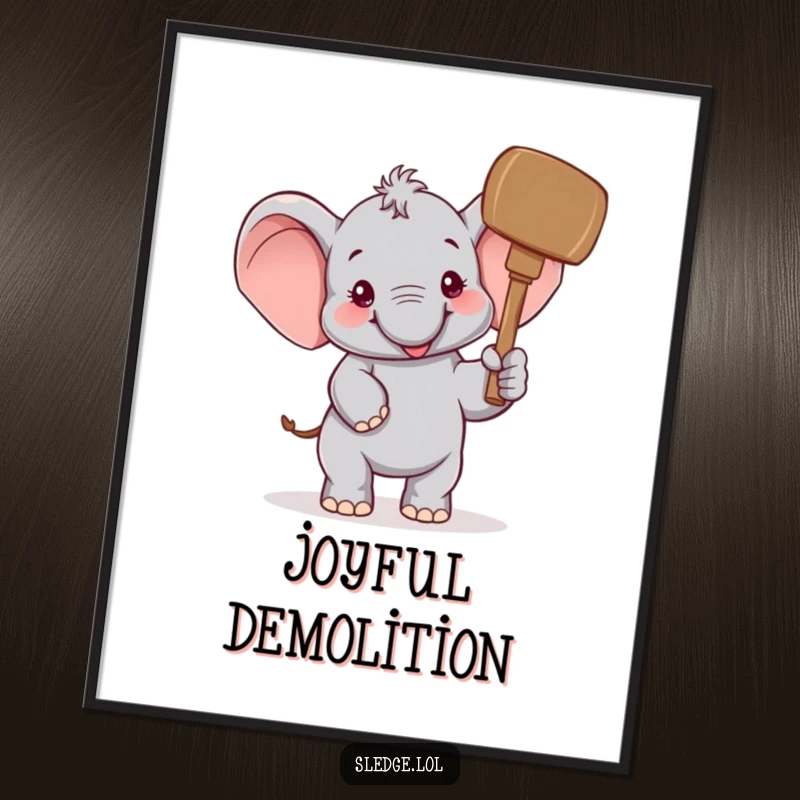 Funny Elephant Digital Art Print: A cheerful elephant humorously raises a giant mallet, creating a funny, joyous scene for instant decor.