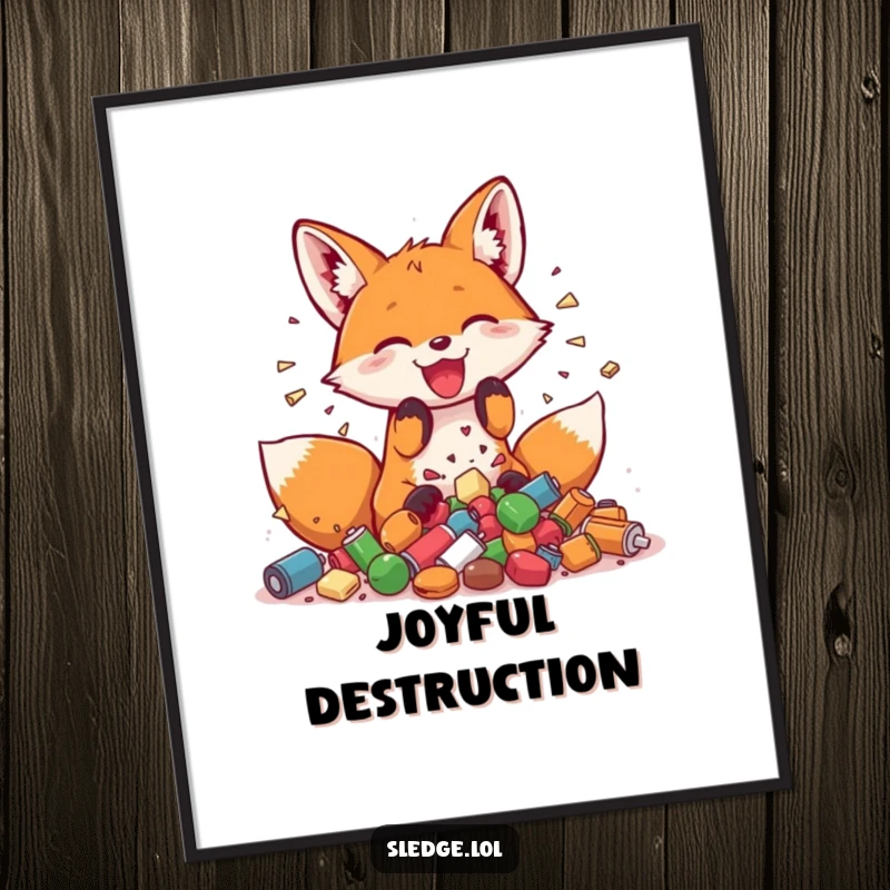 Funny Fox Digital Art Print, a playful fox joyfully smashing small objects, conveying pure, unadulterated fun and energy.