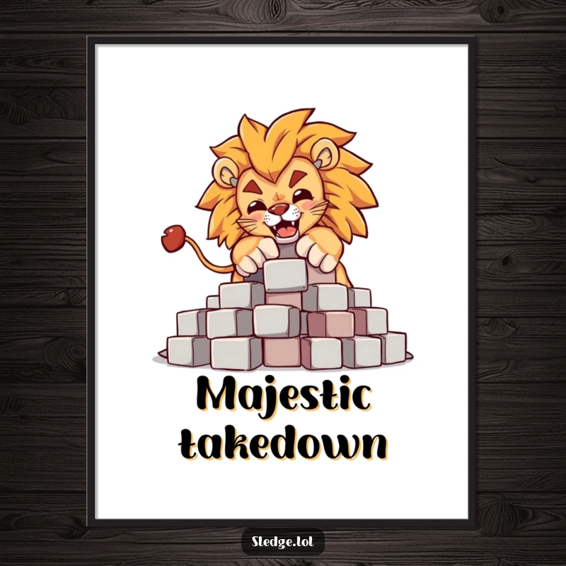 Funny Lion Digital Art Print: A powerful lion humorously knocks over blocks, creating a funny, majestic scene for instant decor.