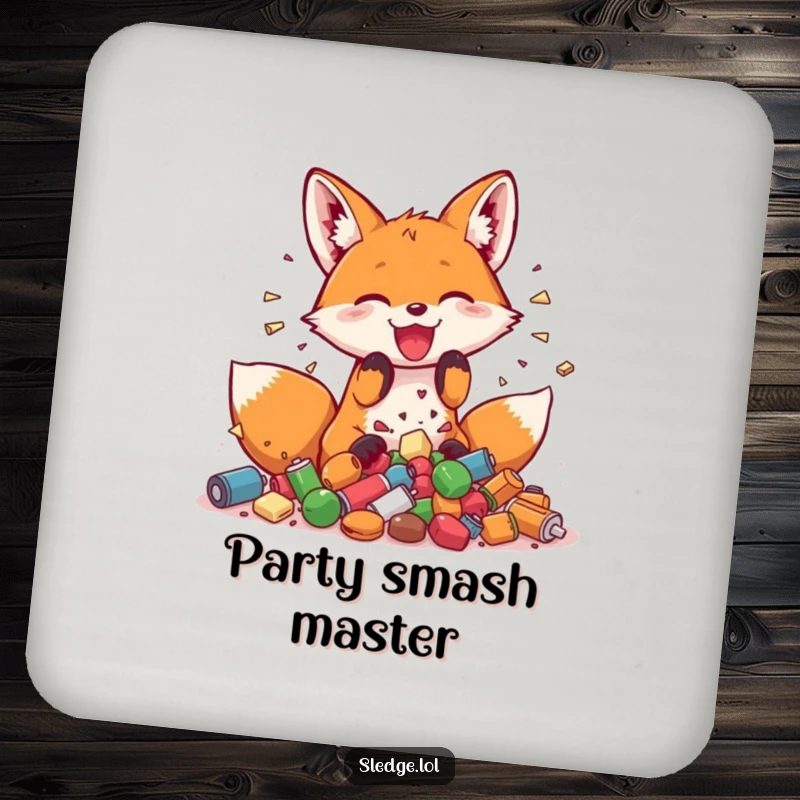 Funny Fox Drink Coaster, a playful fox joyfully smashing small objects, bringing a touch of fun to any table.