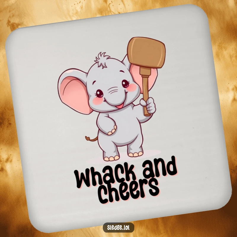 Funny Elephant Coasters: A cheerful elephant comically raises a giant mallet, providing funny, protective accents with a joyous flair.