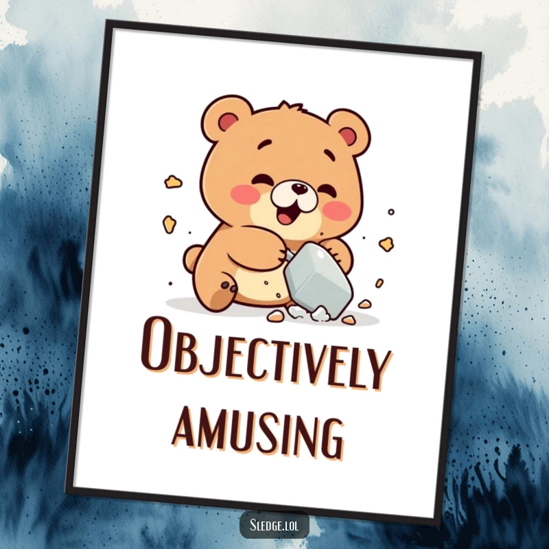 Funny Bear Poster: A playful bear is humorously smashing a small object, creating a funny, energetic, and delightful scene for walls.