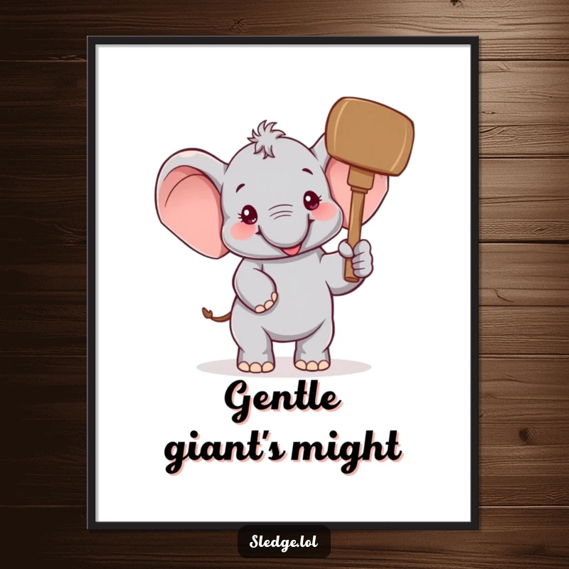 Funny Elephant Poster: A cheerful elephant humorously raises a giant mallet, creating a funny, joyous, and action-packed scene for walls.