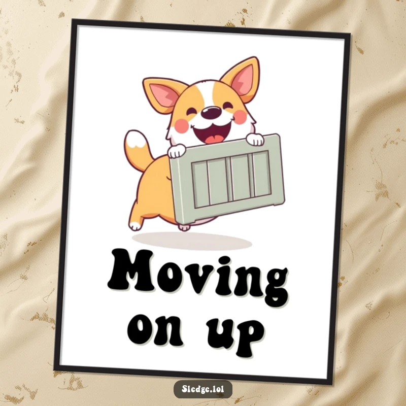 Funny Dog Poster, a happy dog excitedly pushing a large crate, showcasing its eagerness to help and friendly nature.
