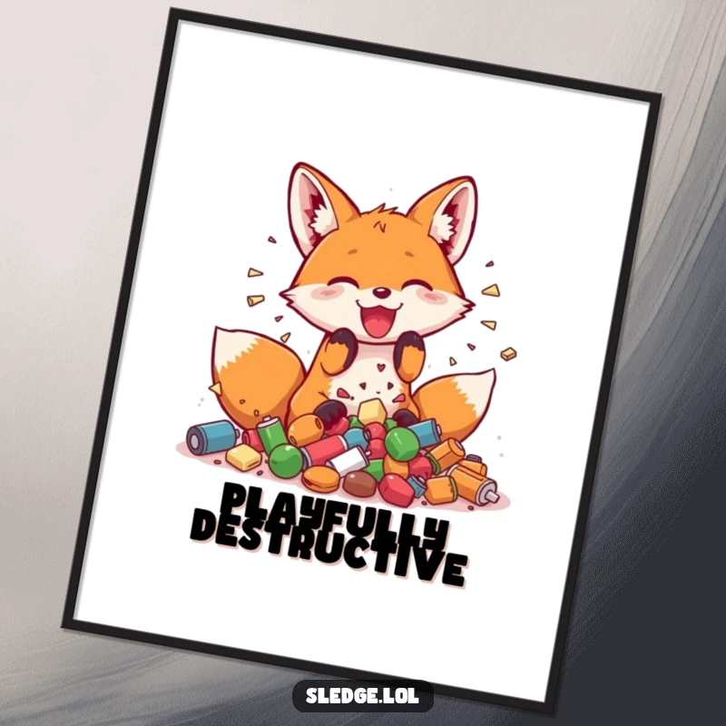 Funny Fox Poster, a playful fox joyfully smashing a pile of small objects, capturing pure, unadulterated fun.