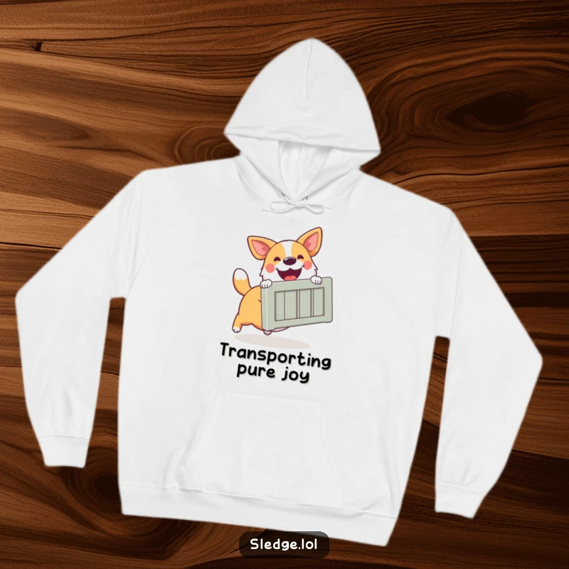 Funny Dog Hoodie, a happy dog excitedly pushing a large crate, exuding warmth, helpfulness, and humor.