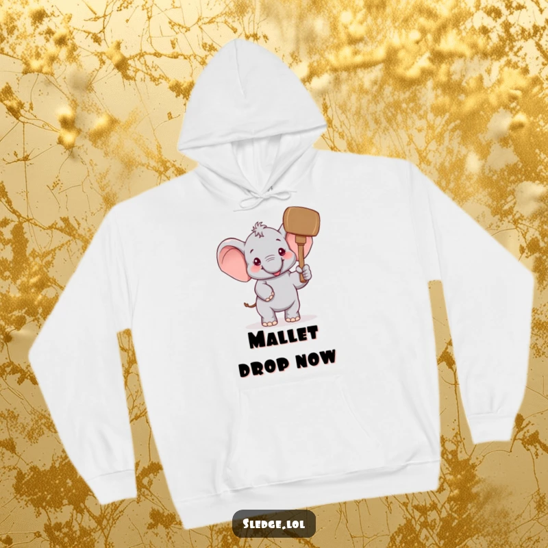 Funny Elephant Hoodie: A cheerful elephant humorously raises a giant mallet, radiating funny, optimistic energy and delightful mischief.