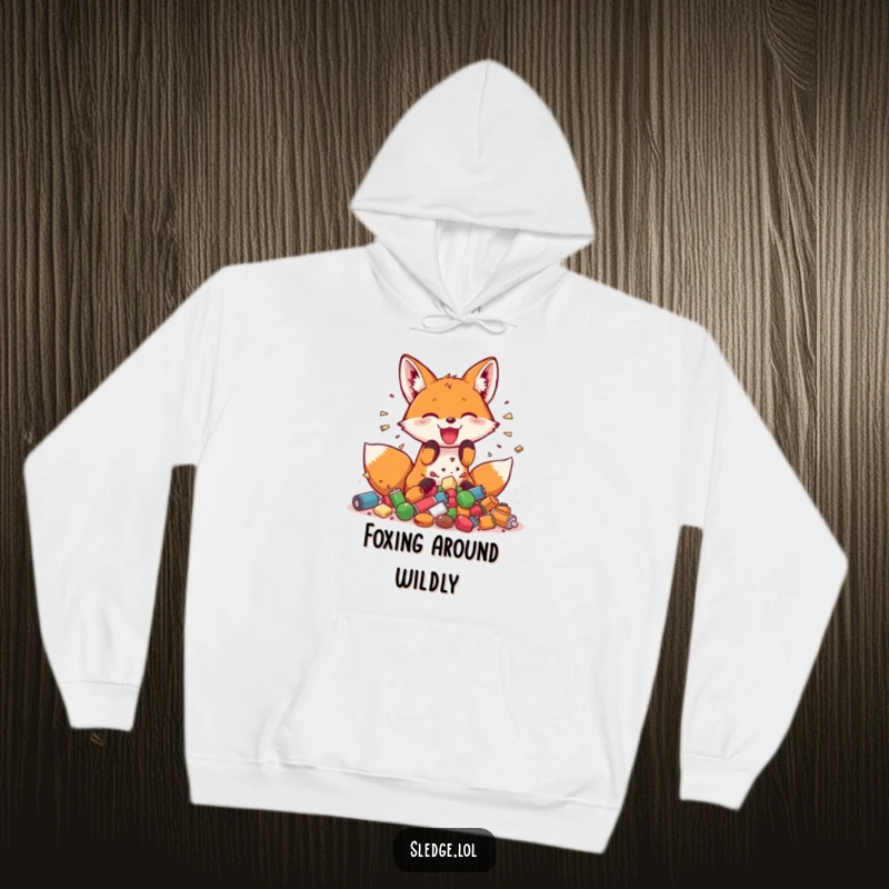 Funny Fox Hoodie, a playful fox joyfully smashing a pile of small objects, radiating warmth and fun.