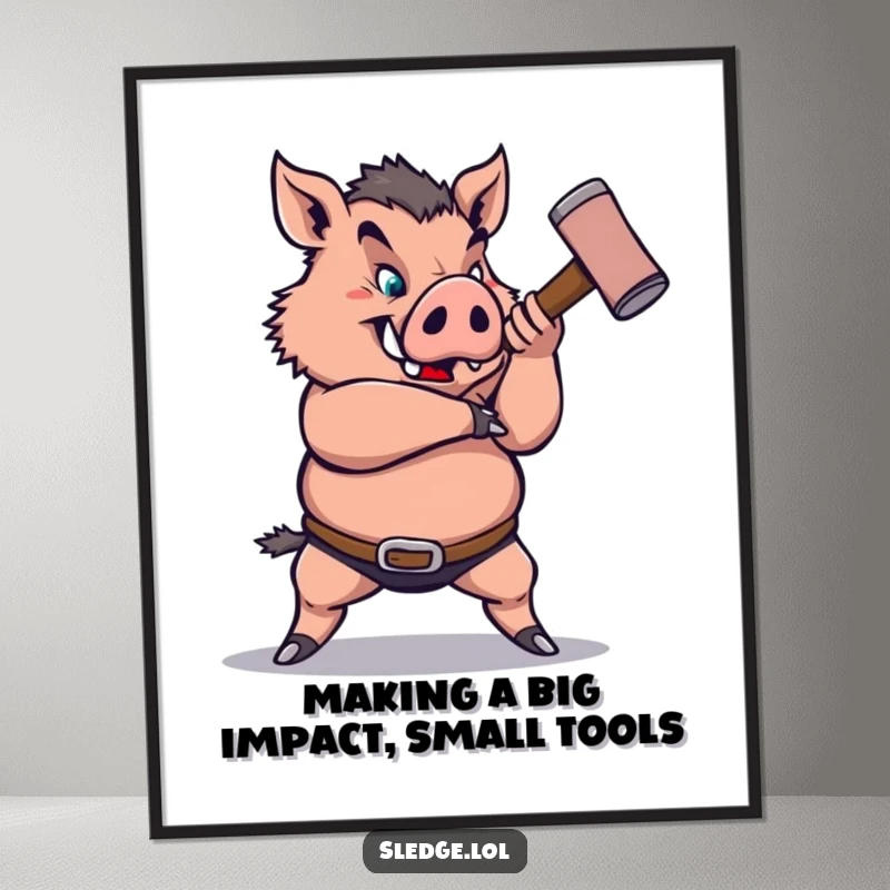 Funny free printable wall art of a strong boar character humorously swinging a small sledgehammer with robust determination.