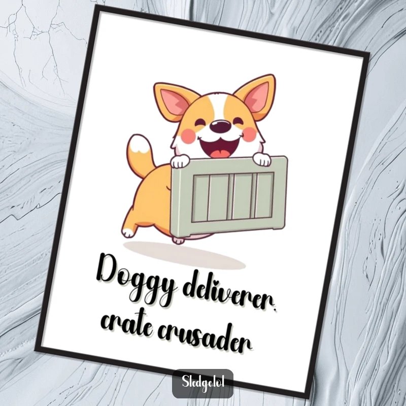 Funny free printable wall art of a happy dog excitedly pushing a large, full crate with determination.