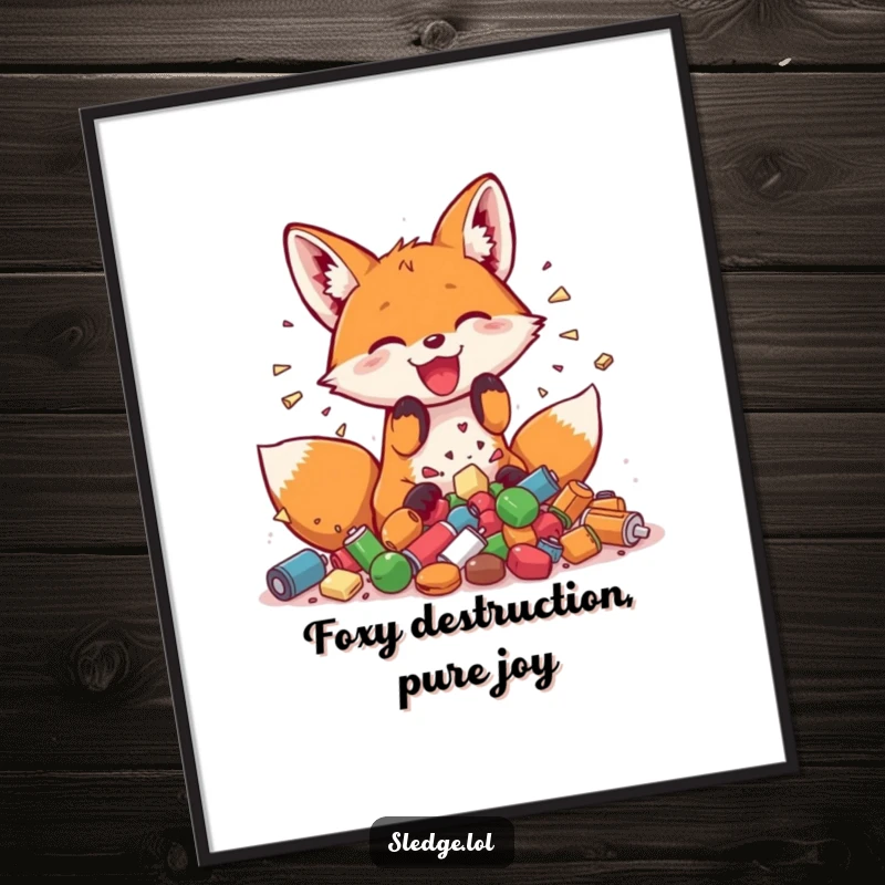 Funny free printable wall art of a playful fox joyfully smashing a pile of small, colorful objects.
