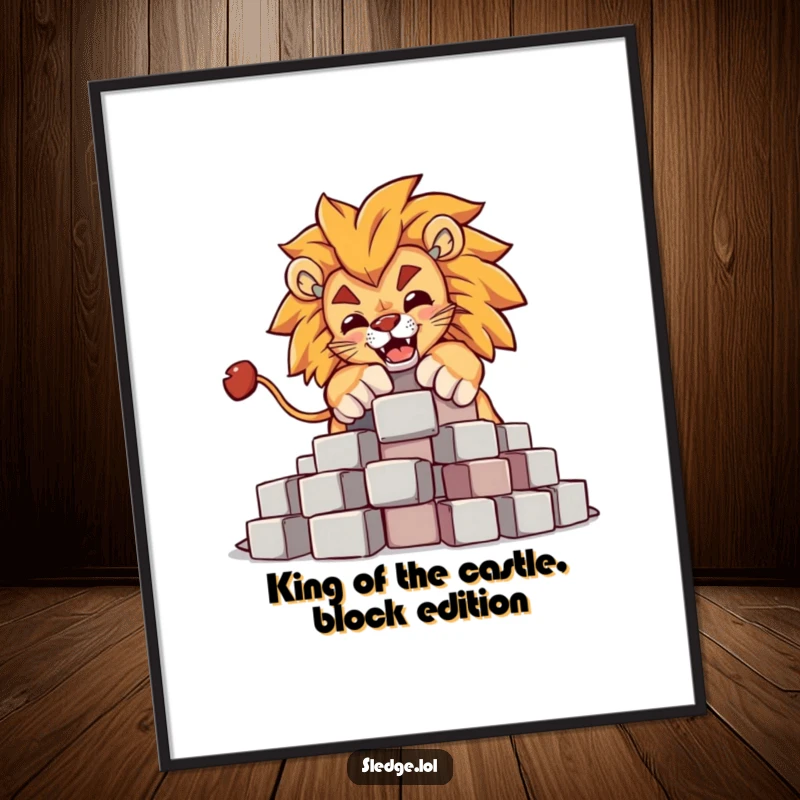 Funny free printable wall art of a powerful lion character humorously toppling a pile of building blocks with grand style.