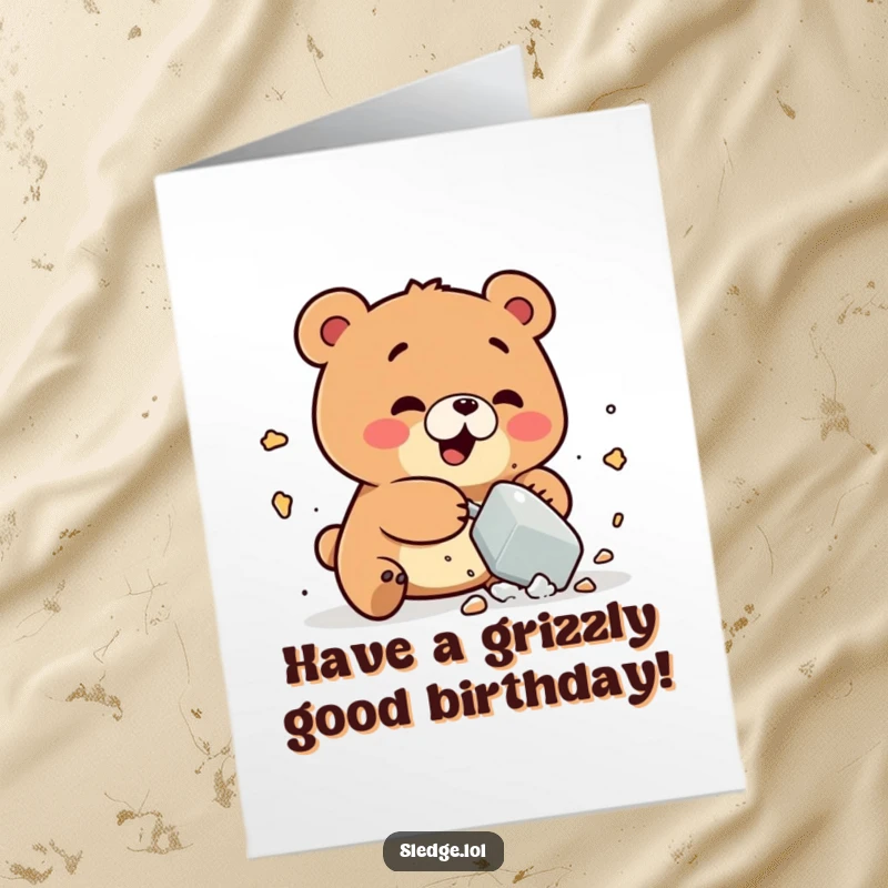 Funny free printable birthday card; a playful bear character humorously smashes a small object with sheer delight.