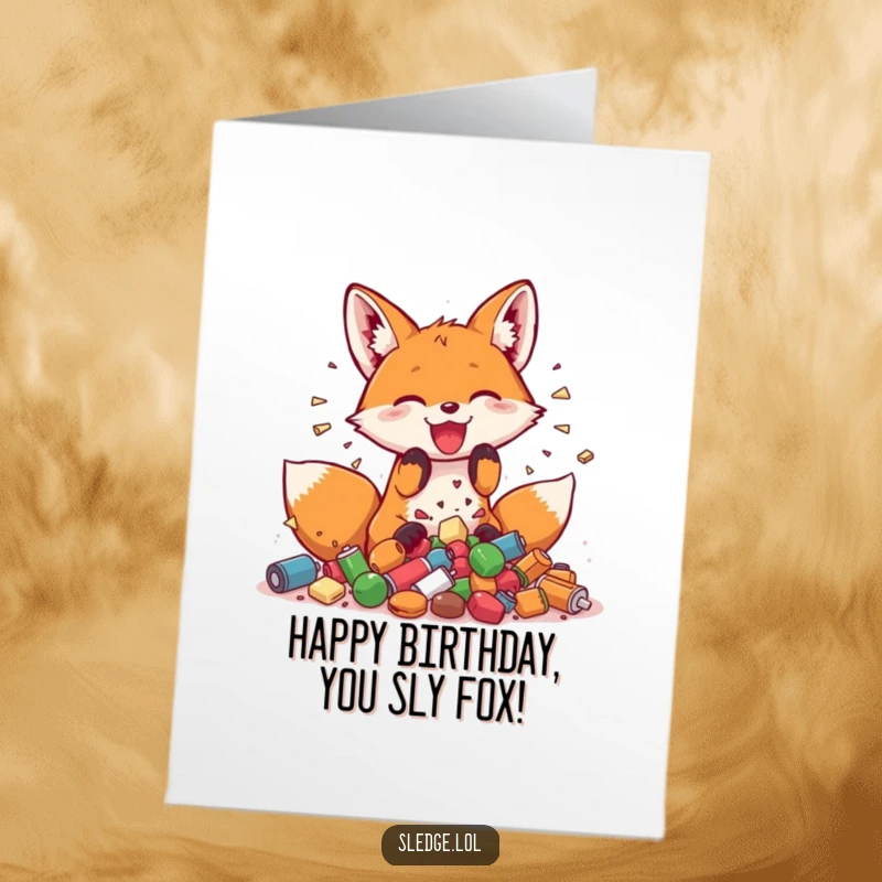 Funny free printable birthday card: a playful fox gleefully smashing a pile of small objects with its paws.