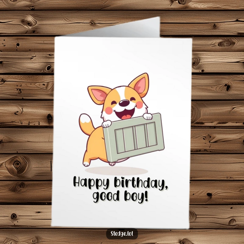 Funny free printable birthday card: a happy dog excitedly pushing a large crate towards a bright future.