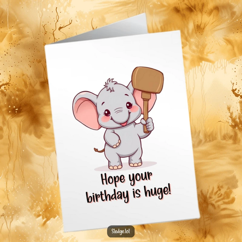 Funny free printable birthday card; a cheerful elephant character humorously raises a giant mallet, ready to celebrate.