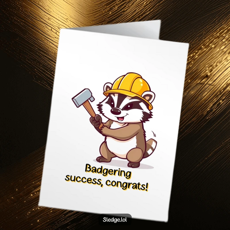 Funny free printable congratulations card showing a badger in a construction hat ready to swing a sledgehammer at a target.