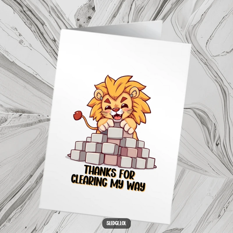 Funny free printable thank you card; a powerful lion character humorously knocks over a pile of blocks, conveying grand thanks.