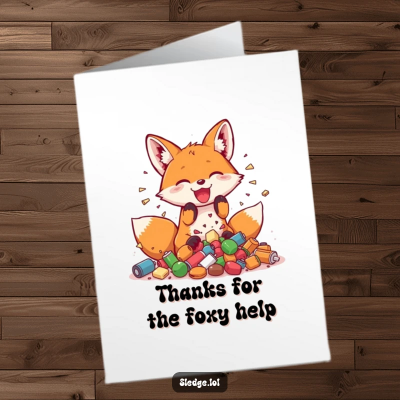 Funny free printable thank you card featuring a fox joyfully smashing small items, conveying energetic thanks.