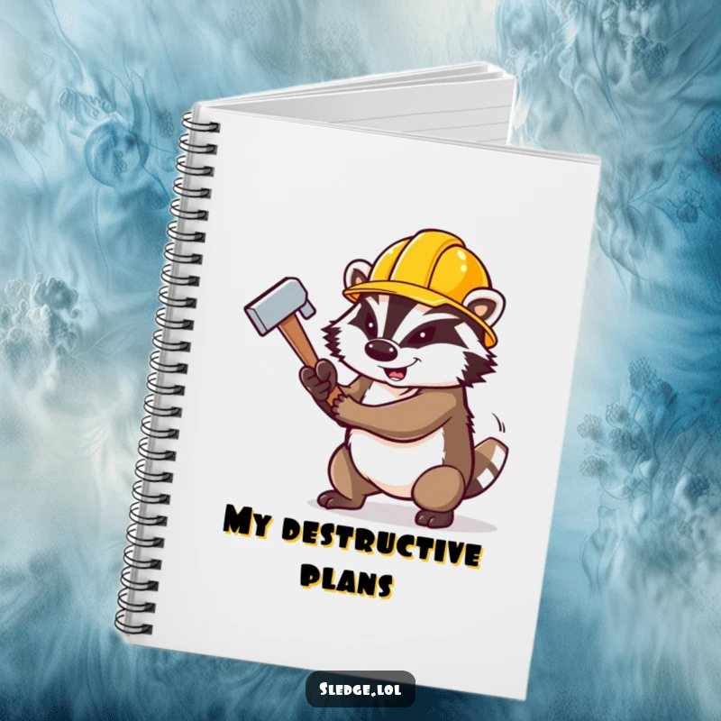 Funny Badger Notebook, a determined badger wearing a construction hat, swinging a large sledgehammer, ideal for planning big projects.