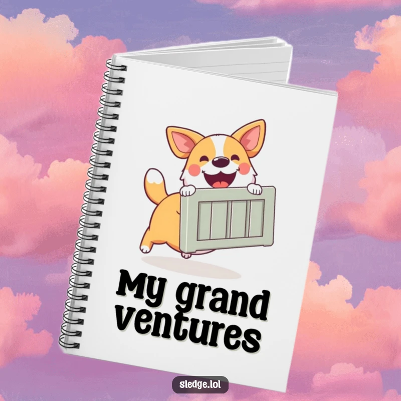 Funny Dog Notebook, a happy dog excitedly pushing a large crate, perfect for jotting down helpful plans.
