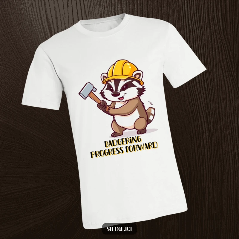 Funny Badger T-Shirt, a determined badger wearing a construction hat, swinging a large sledgehammer, ready for demolition.