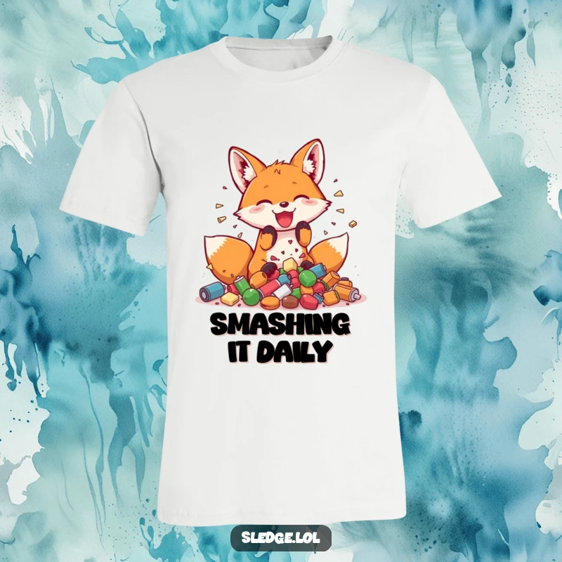 Funny Fox T-Shirt, a playful fox joyfully smashing small objects, conveying pure delight and energetic fun.