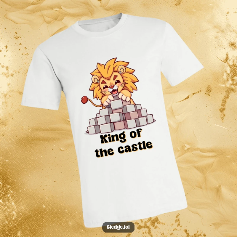 Funny Lion T-Shirt: A powerful lion comically knocks over a pile of blocks, showcasing funny, dominant power and a playful attitude.