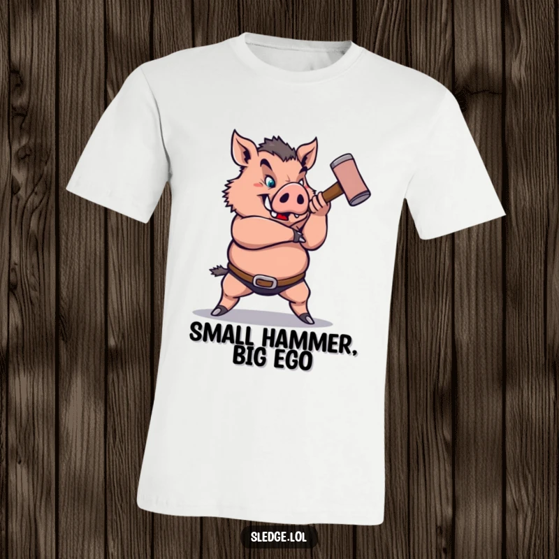 Funny Boar T-Shirt: A strong boar is humorously depicted swinging a small sledgehammer, showcasing funny, raw power and determination.