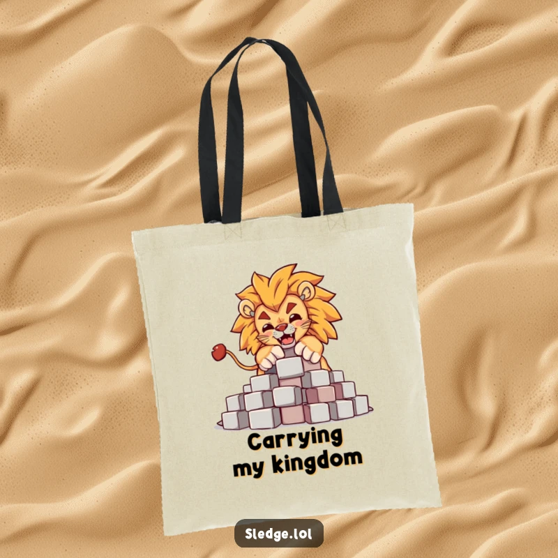 Funny Lion Tote Bag: A powerful lion humorously knocks over blocks, perfect for funny, stylishly carrying necessities with a regal touch.
