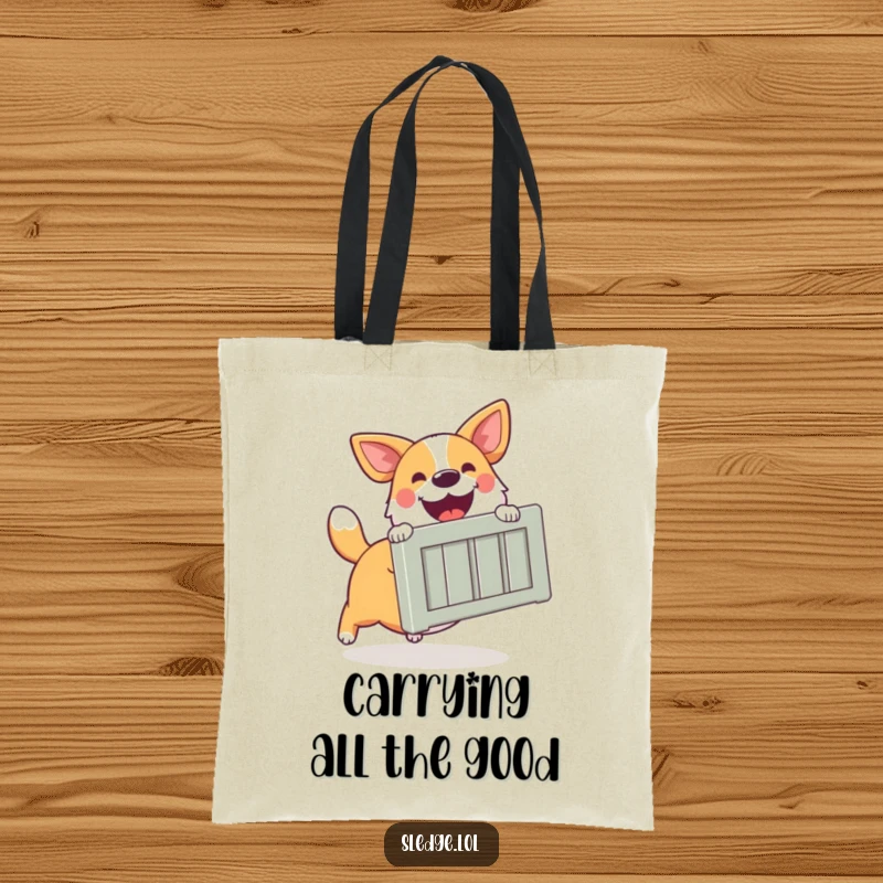 Funny Dog Tote Bag, a happy dog excitedly pushing a large crate, perfect for carrying groceries and daily essentials.