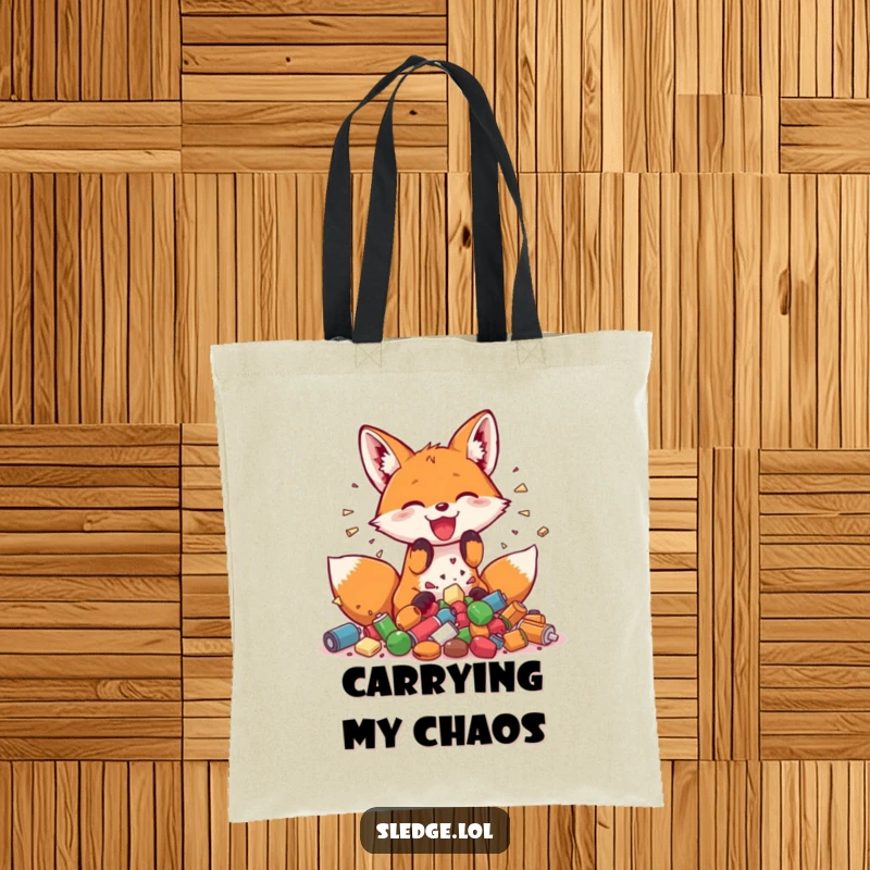 Funny Fox Tote Bag, a playful fox joyfully smashing small objects, perfect for carrying essentials with a smile.